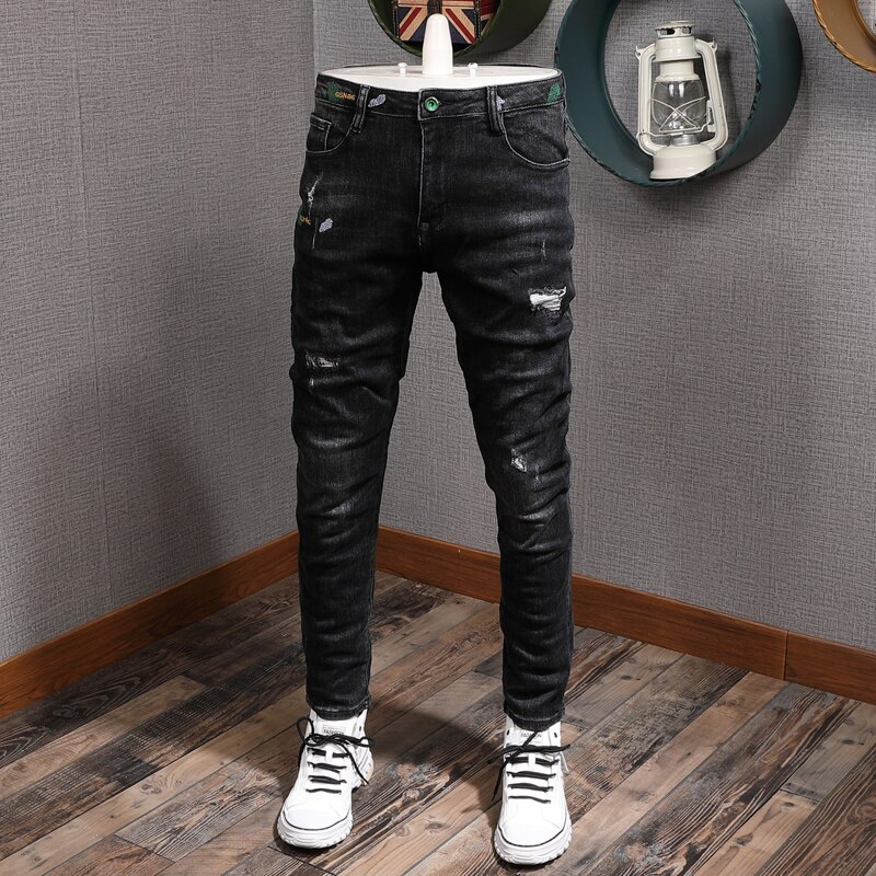 Estilo coreano moda masculina jeans de alta qualidade elástico fino ajuste rasgado denim lápis calças streetwear hip hop casual calças compridas: 32
