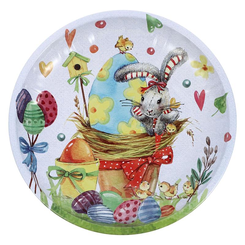 1Pc Easter Day Rabbit Pattern Decorative Fruit Plate Iron Fruit Plate Nut Tray Snack Plate Easter Bunny Fruit Tray 19.5cm: Happy rabbit
