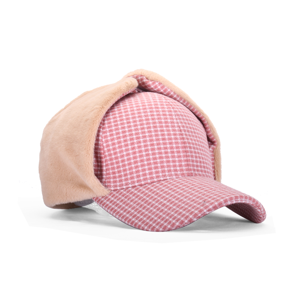 Sombrero de invierno con orejas para mujer, gorra de béisbol femenina, más terciopelo, actividad al aire libre, Retro, a cuadros, accesorios para mujer, lana, HatBQM211: pink