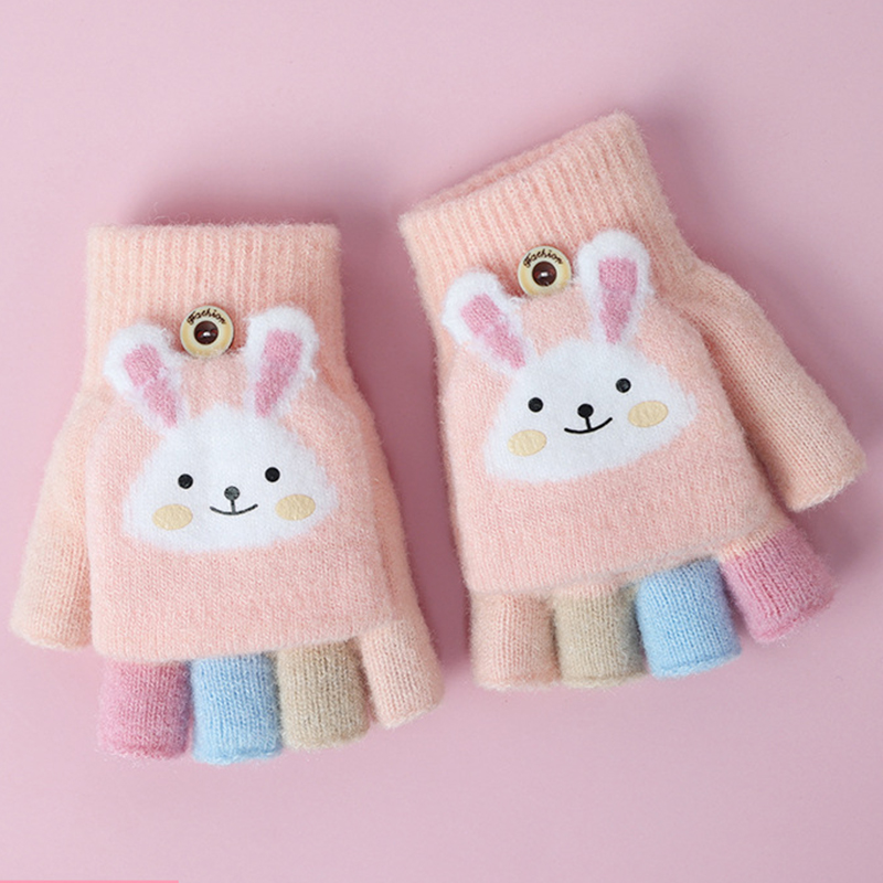Kids Winter Warm Thicken Handschoenen Meisjes Zachte Half Vinger Cover Dier Vingerloze Handschoenen Outdoor Warme Wanten Handschoenen Voor Kids 5-12Y: rabbit light pink