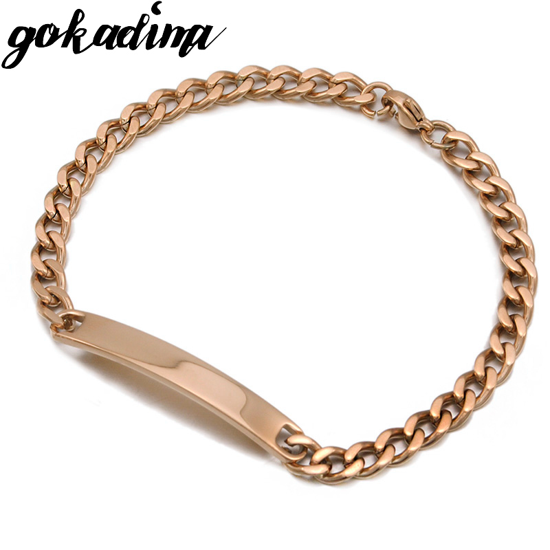 GOKADIMA Gold Color Stainless Steel Bracelet Women Jewelry Curb Chain Blank ID Bracelet Jewellery WB146: rose gold color