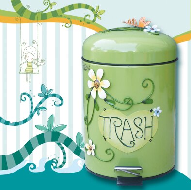 Creatieve Europese Huishoudelijke Prullenbak Badkamer Met Voetpedaal Leuke Cartoon Dikke Dubbele Woonkamer Slaapkamer Trash Q158: green