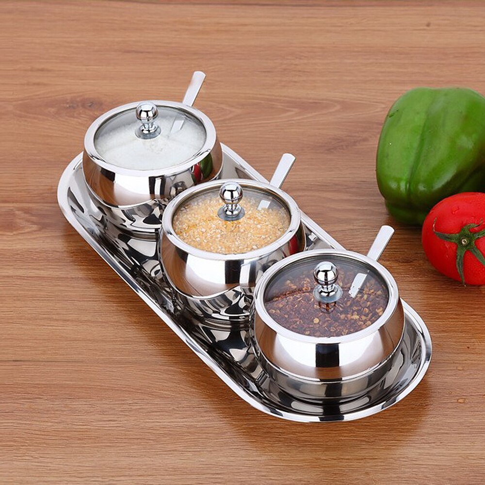 Rvs Suikerpot Kruiden Jar Kruiderij Pot Spice Container Bus Cruet Met Deksel Lepel Keuken Tools Gadgets Kan