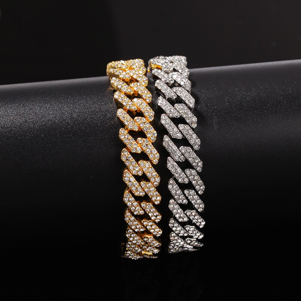 THE BLING KING 12mm Bling S-Link Miami Cuban Bracelets Gold Color Full Iced Rhinestones Hiphop Mens Bracelet Jewelry