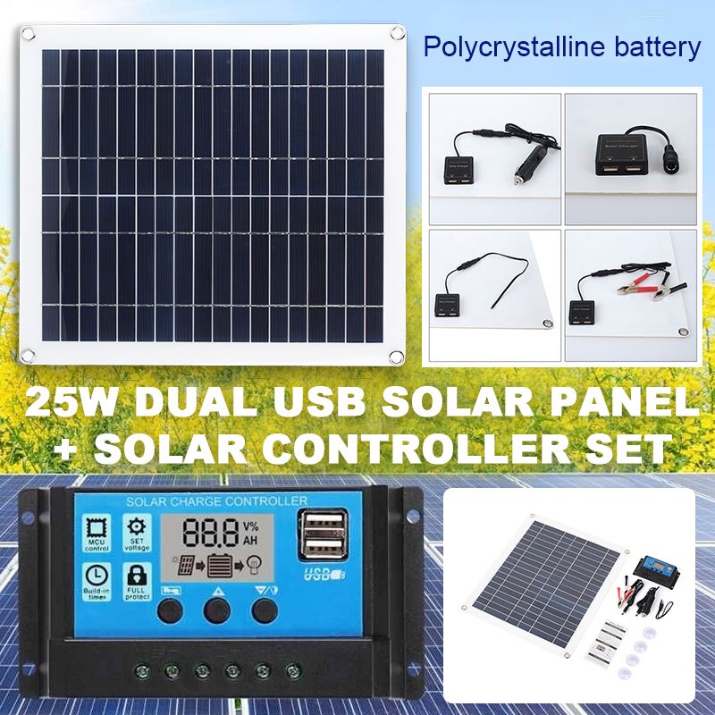 25W 12V Dubbele USB Zonnepaneel Systeem Regulator PWM Opladen Multifunctionele DIY Voeding DC kabel Zonnecel lader outdoor