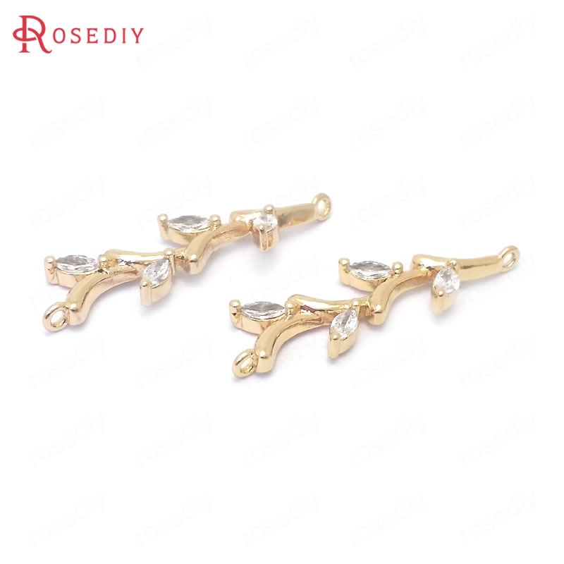 (39082)4PCS 29.5x8.5MM 24K Gold Color Brass and Zircon 2 Holes Tree Branch Connect Charms Pendants Jewelry Making Accessories