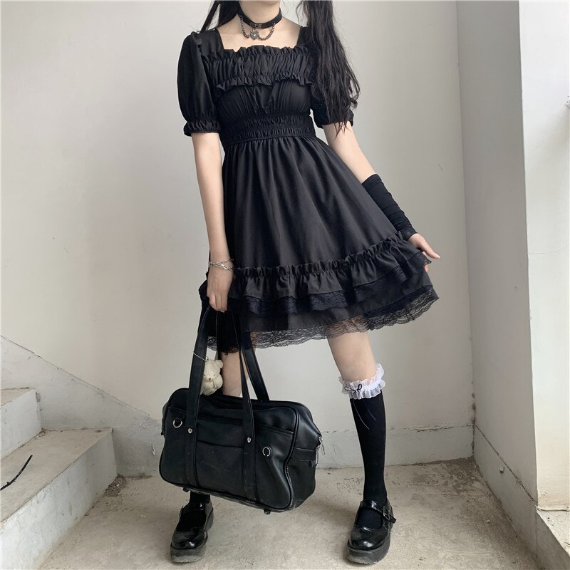 Mujeres japonesas victorianas gótico cuadrado Collar encaje con volantes negro Lolita vestido verano niñas Steampunk Puff manga Mini vestidos