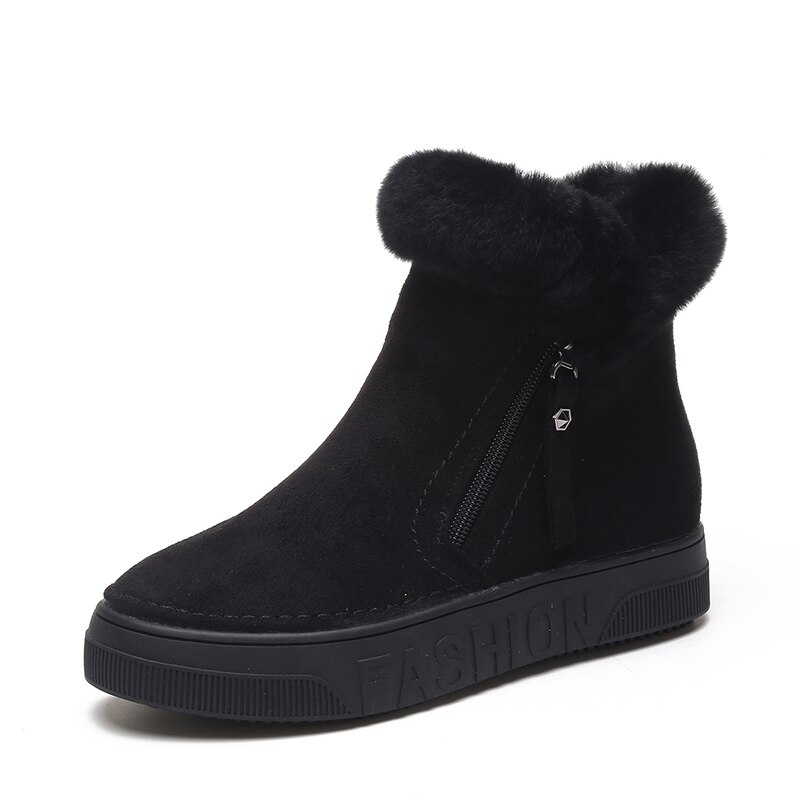 Dam vinter ankelstövlar dragkedja flock plattform snö dam plysch sneakers lediga platta skor kvinna skor gummi botas mujer: Svart / 36