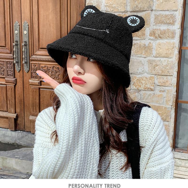 Lamb Wool Cat Ears Women Bucket Hat Autumn Winter Fisherman's Plush Bucket Hats Keep Warm Casual Cap Female Flat Top Hat