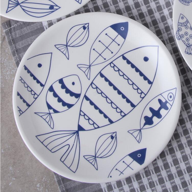 Dinner Plates Fish Pattern Ceramic Plates 8*inch Dinnerware Porcelain Flat Plates Pastry Cake Tray Party Plate Dishes Fruit Dish
