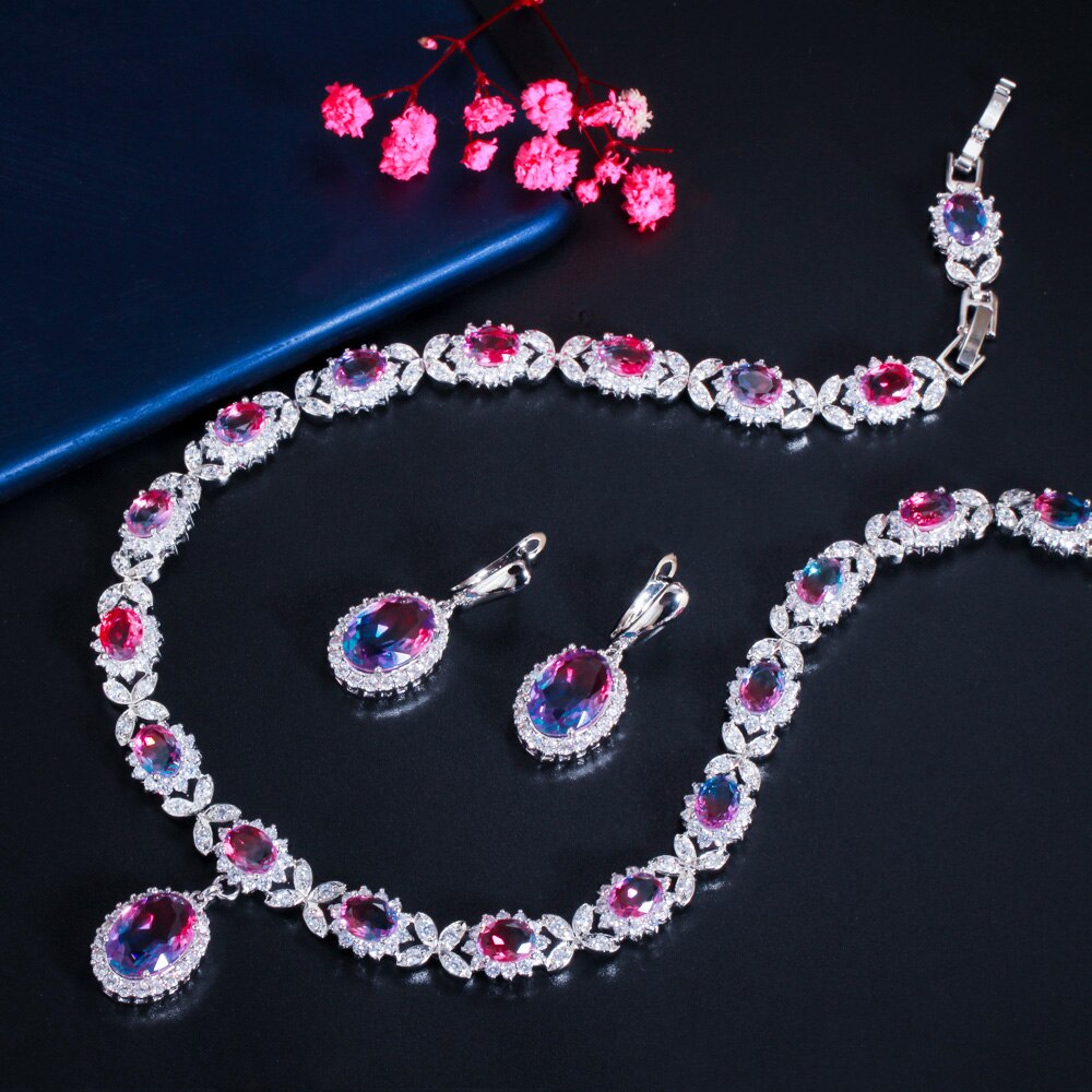 Cwwzircons Elegante Mystieke Rainbow Zirconia Crystal Oval Oorbellen En Ketting Set Voor Vrouwen Party Sieraden T509: Default Title