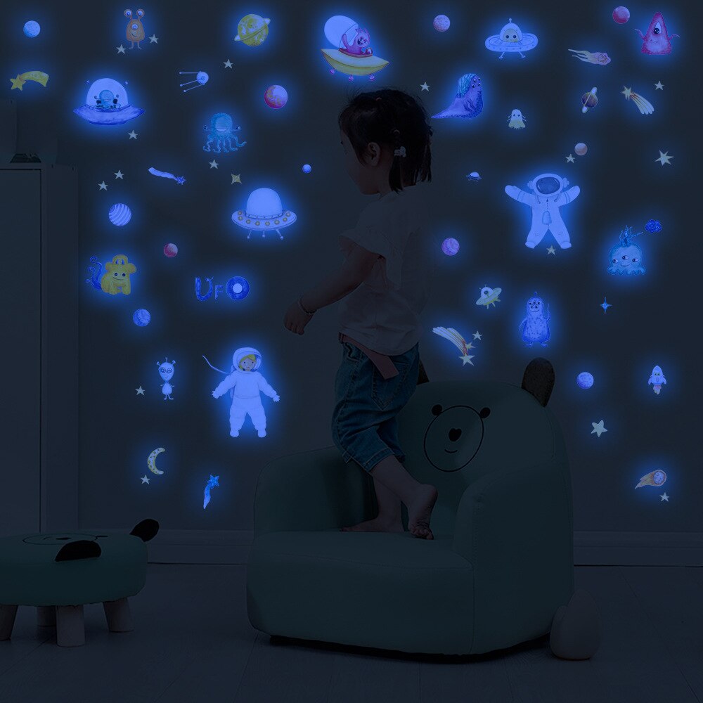 Ruimte Astronaut Alien Gloeiende Stickers Set Home Decor Muur Glow In Dark Sticker Slaapkamer Baby Woonkamer Decoratie: YGP034 Blue