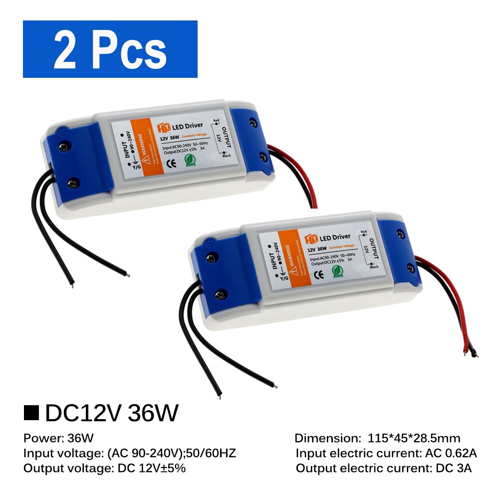 Dc 12v led driver 18w 36w 72w 100w lys transformatorer led driver til led strip lys 12v strømforsyning adapter: 36w - 2 stk
