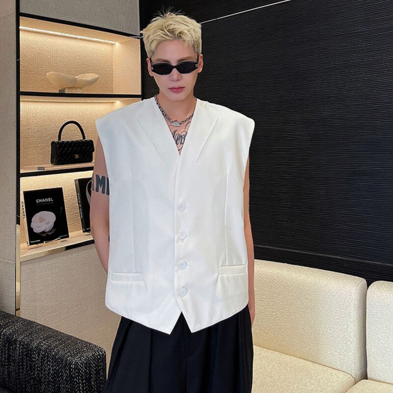 Men Korean Streetwear Vintage Loose Casual Suit Vest Male White Black Sleeveless Blazer Waistcoat Vest Jacket