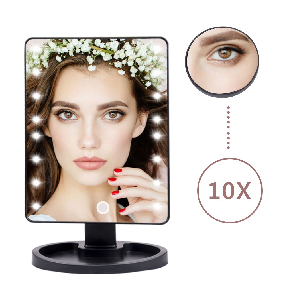Women Cosmetic Mirror 22 LED Light Touch Screen Makeup Mirror Adjustable 16/22-LED Lights Brightness Desktop Table Mirrors Set: 16 LED Black Set