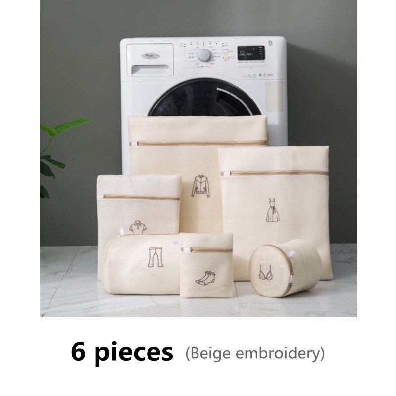 Conjunto de bolsa de lavandería bordada, bolsa para lavar ropa interior, sujetador, bolsas de lavado, cesta de lavandería de malla de poliéster, Kits de lavado plegables para el hogar, 1 Juego: Beige 6 pieces set
