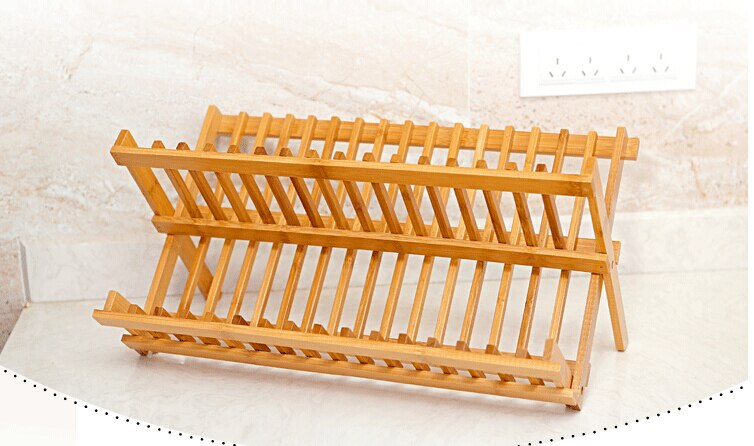 Lsj bambus folde tallerkenstativ dobbeltlags tallerkenafløb til køkkenfade køkkenredskaber tilbehør