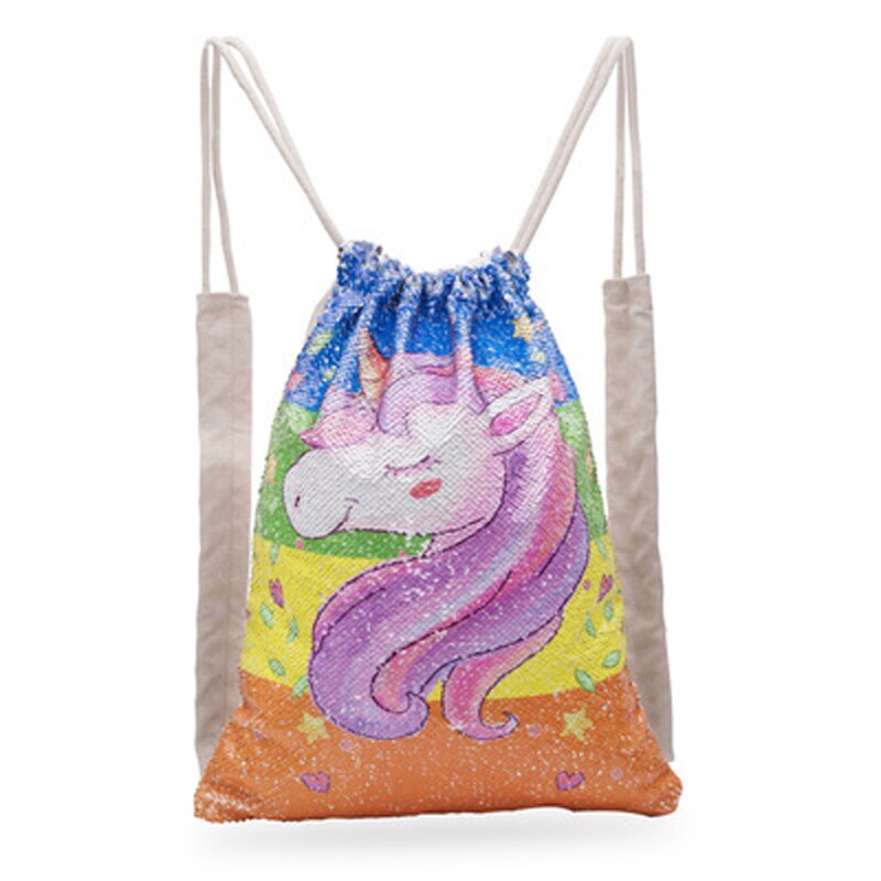 Outdoor Unicorn Drawstring Backpack Girls Sequin Patch Bags Cotton Shopping Soft Bag Travel Beach Backpack: A