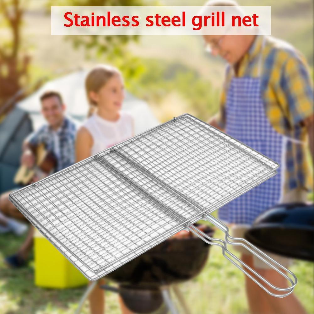 Household On-stick Triple Fish Grilling Basket w/ Wood BBQ Fish Barbecue Rack Handle Fish Grilling Outdoor Tool BBQ P4L2