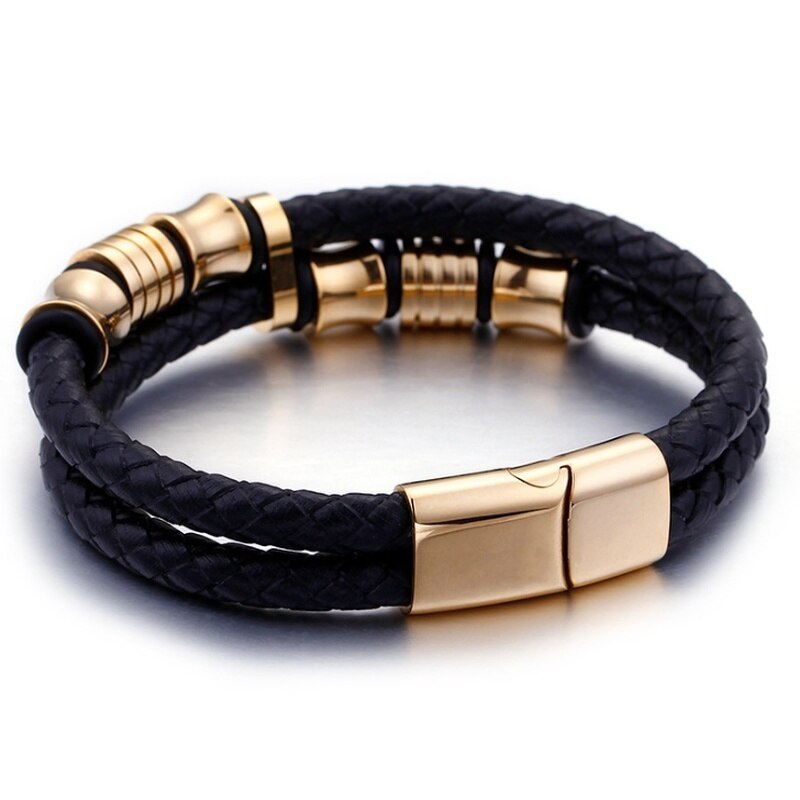 Klassieke Double Layer Zwart Lederen Armband Gold Metalen Magnetische Sluiting Mannen Mode Armband Sieraden