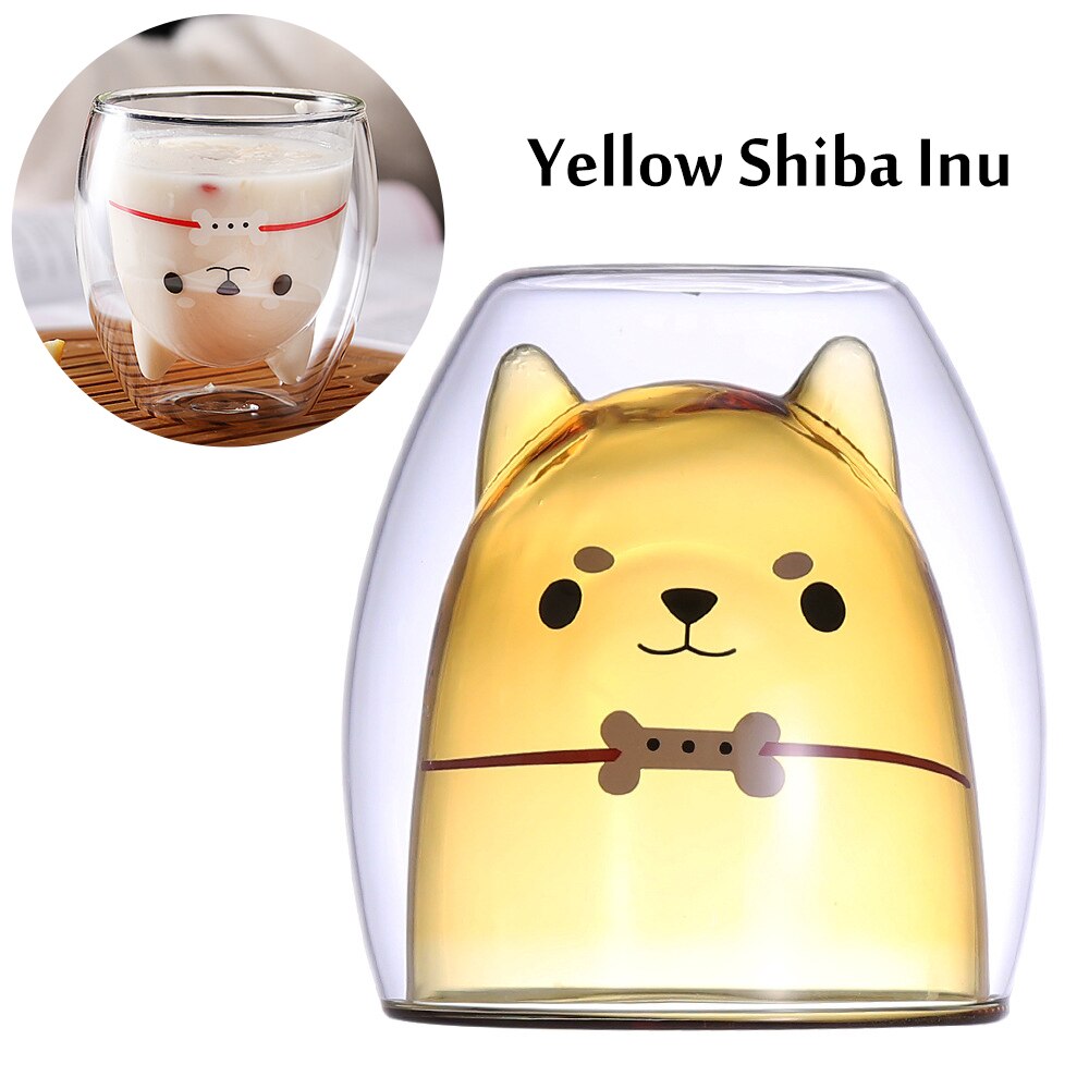 3D 2-Tier Double Wall Glass Cup Coffee Mug Panda Shiba Inu Water Bottle Heat-Resistant Tea Cup Milk Lemon Juice Cup Drinkware: Yellow Shiba Inu
