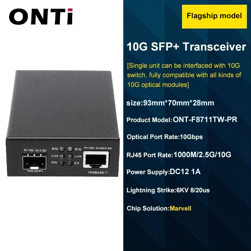 Conversor de fibra óptica onti 10 gigabit para  rj45 , transceptor de fibra óptica, switch ethernet sfp +1g/10g: Preto