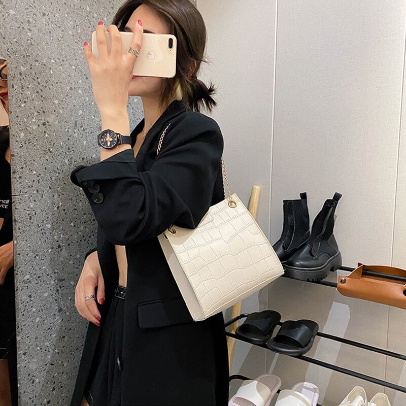 Frauen Eimer Schulter Taschen Krokodil aufbringen PU Leder Umhängetasche Einfarbig Kette Kleine Kreuz-Körper Tasche Für weibliche