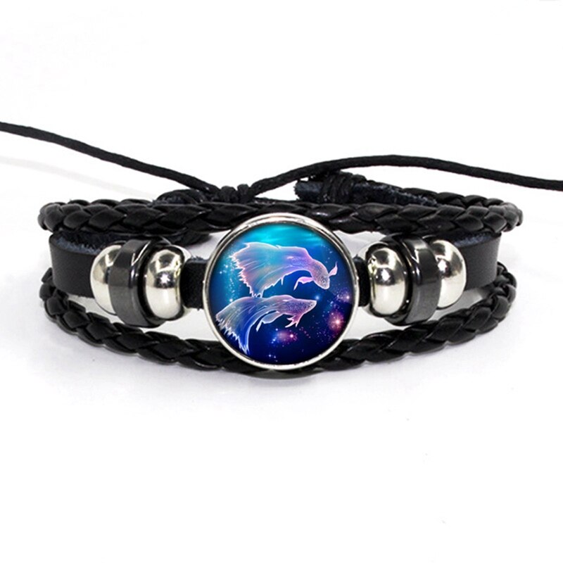 Luminosos 12 signos del zodiaco pulsera que brillan en la constelación oscura cabujón de cristal botón a presión pulseras de cuero de cumpleaños: 2-Pisces