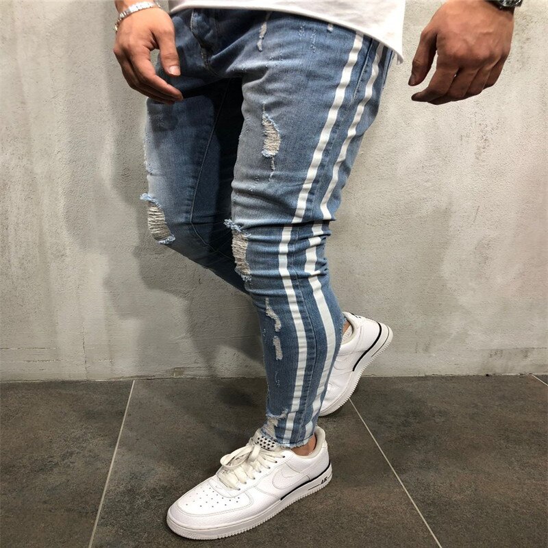 Men Stretchy Ripped Skinny Destroyed Jeans Taped Patch Slim Denim Blue Jean Pants Side Strip Slim Fitn Korean Men Ripped Jeans
