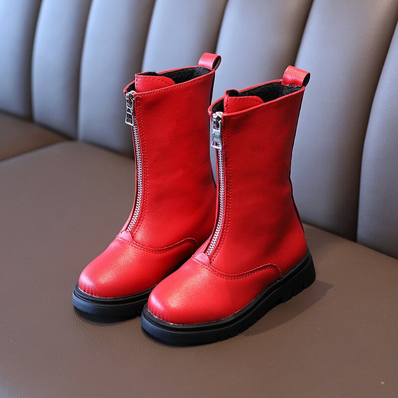 Estilo estrangeiro outono inverno novo zíper frontal crianças botas de couro médio crianças botas versátil quente menina médio botas 26-36: Vermelho / 29