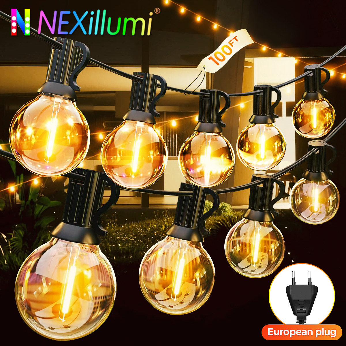 Guirnalda de luces LED tipo globo G40 de 30M para exteriores, bombillas de plástico IP65, guirnalda de balcón, lámparas de hadas para decoración de bodas, fiestas de Navidad