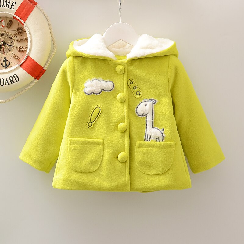 Female baby autumn winter coat, cartoon with hat collar coat.