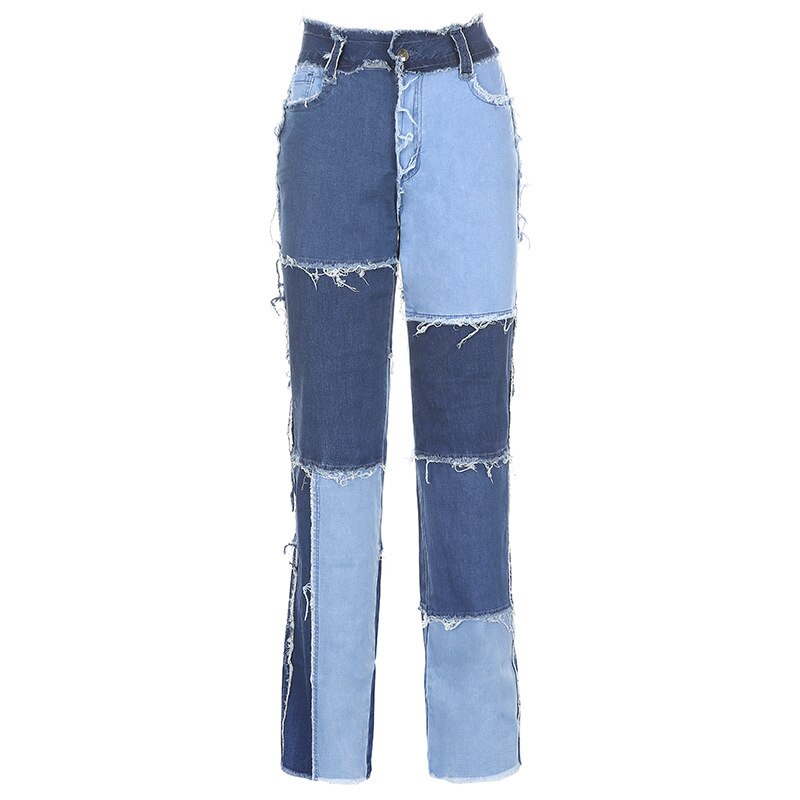 Ezgaga dames jeans kleurblok hoge taille kwast contrast patchwork broek casual streetwear denim broek dames zakken: Blauw / S