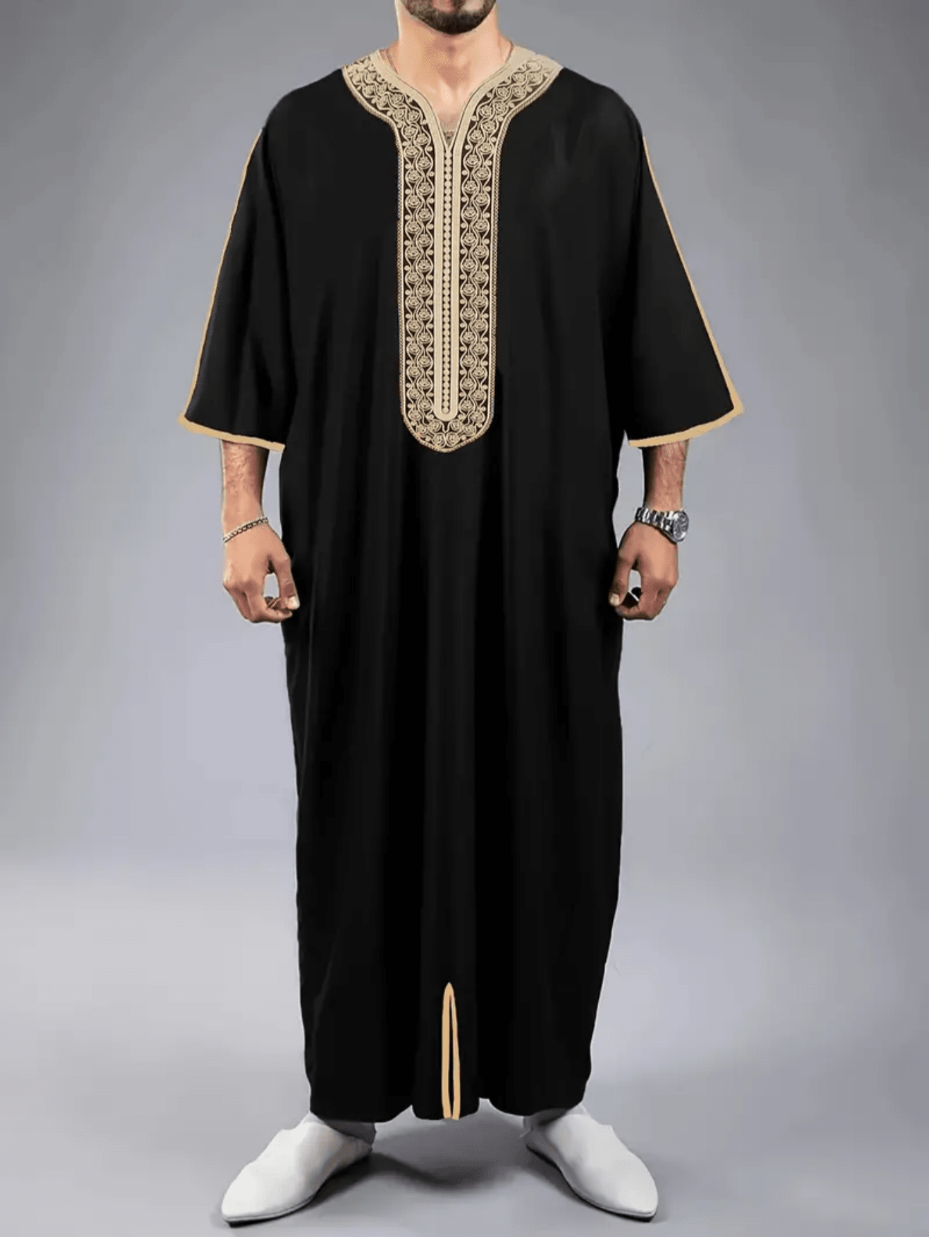 Túnica holgada islámica para hombre, manga larga, cuello levantado, bordado, estilo étnico árabe tradicional, vestidos formales informales para hombre Thobe