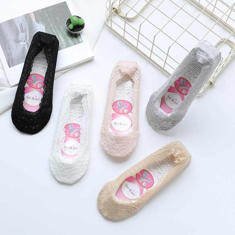 Women Solid Color Socks Lace Invisible Perspective Socks Summer Thin Breathable Socks For Female Silicone Non-slip Lining Socks