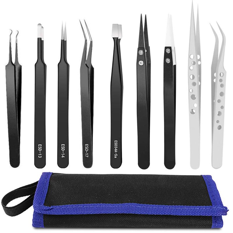 Tweezer Set, ESD Anti-Static Flat Head Tweezers Kit Curved Tweezers Pointy Tweezers for Craft,Jewelry(9 Pieces Set)