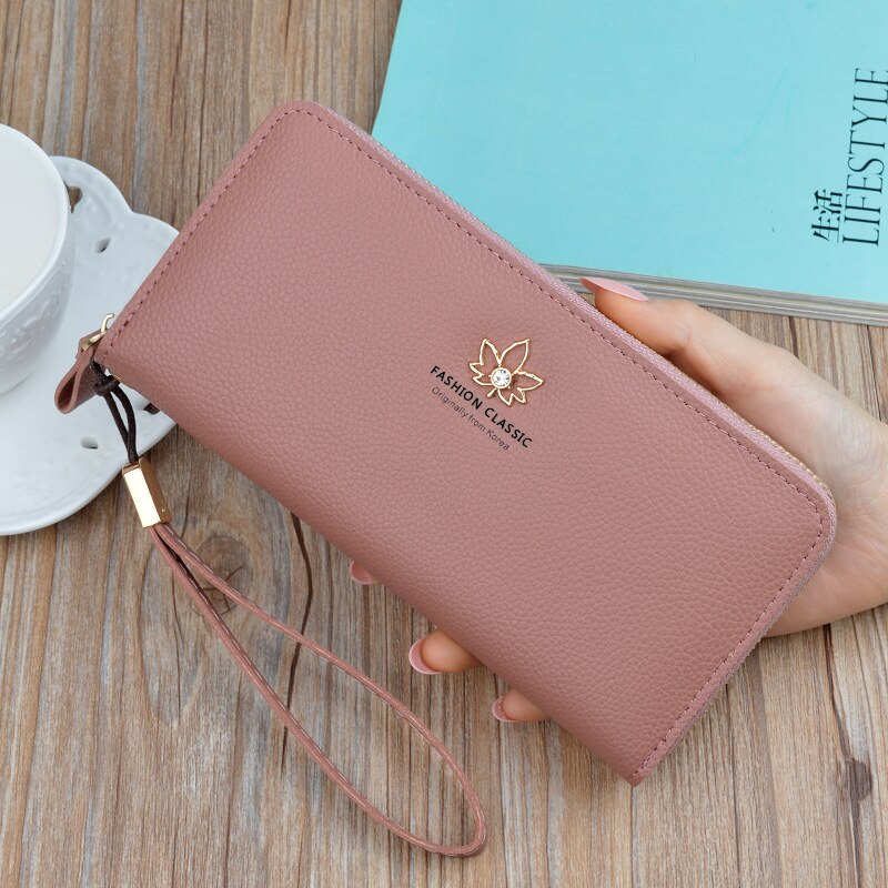 Cartera de mujer con cremallera de gran capacidad monedero Lychee patrón de hoja cartera Clutch billeteras estándar de larga PU: 6