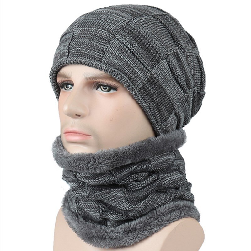 Nyaste varma mössor för män casual stickad mössa halsvärmare vintermössor för män utomhus skullies mössor varm fleecehatt: Grå