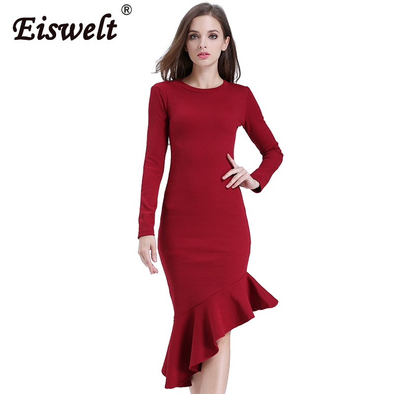 Gebreide Katoenen Rode Elegante Bodycon Jurk Vrouwen Tiered Ruffle leuke Lange Mouwen Jurk Herfst O Hals Sexy Midi jurk: winered / L