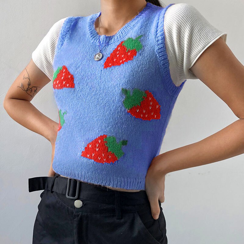 Gilet Tricot Fraise - Style Y2k Sans Manches - Top Court Col Rond