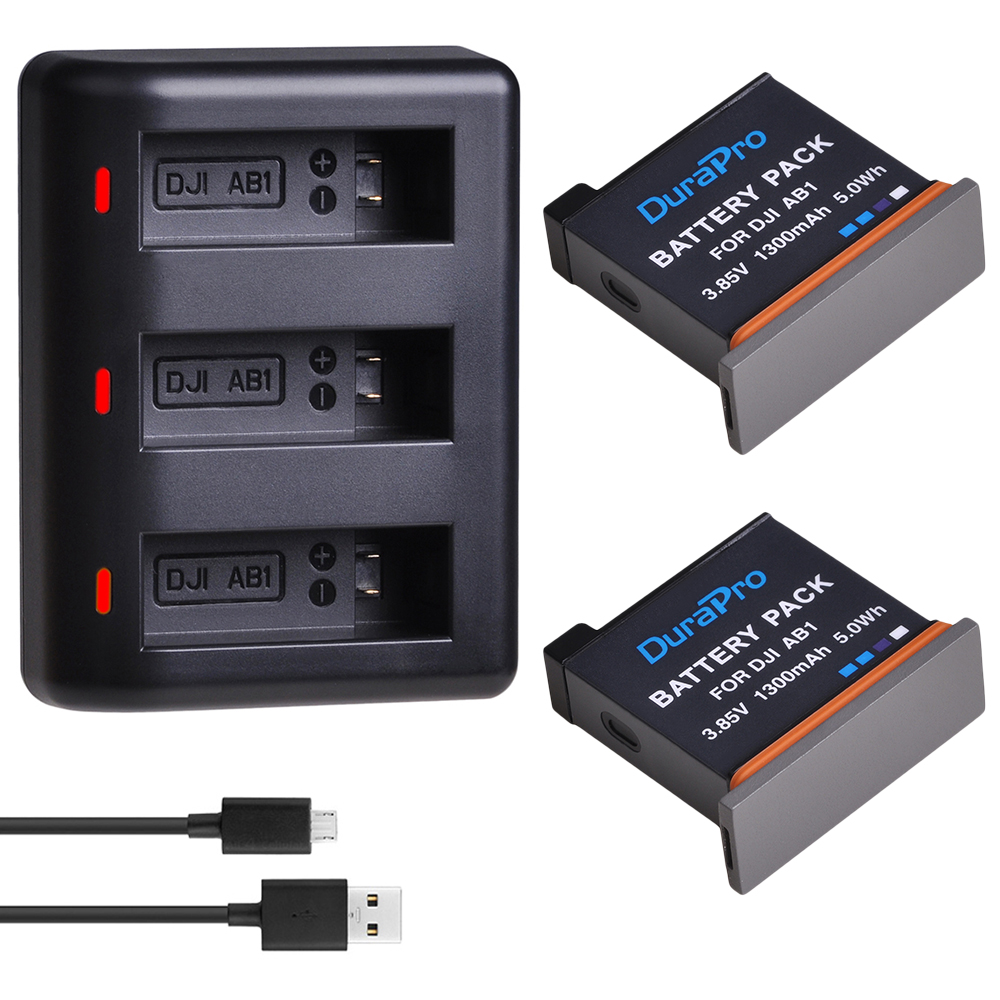 3 stk 1300 mah  ab1 oppladbart li-ion batteripakke + ledet 3- bærer usb-lader til dji osmo  ab1 handling sport kamera: 2 batterisett