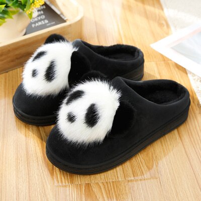 Winter dames schuiven aan korte pluche warme pantoffels cartoon animatie panda dames pantoffels dames binnenhuis platte comfortabele schoenen: Zwart / 39