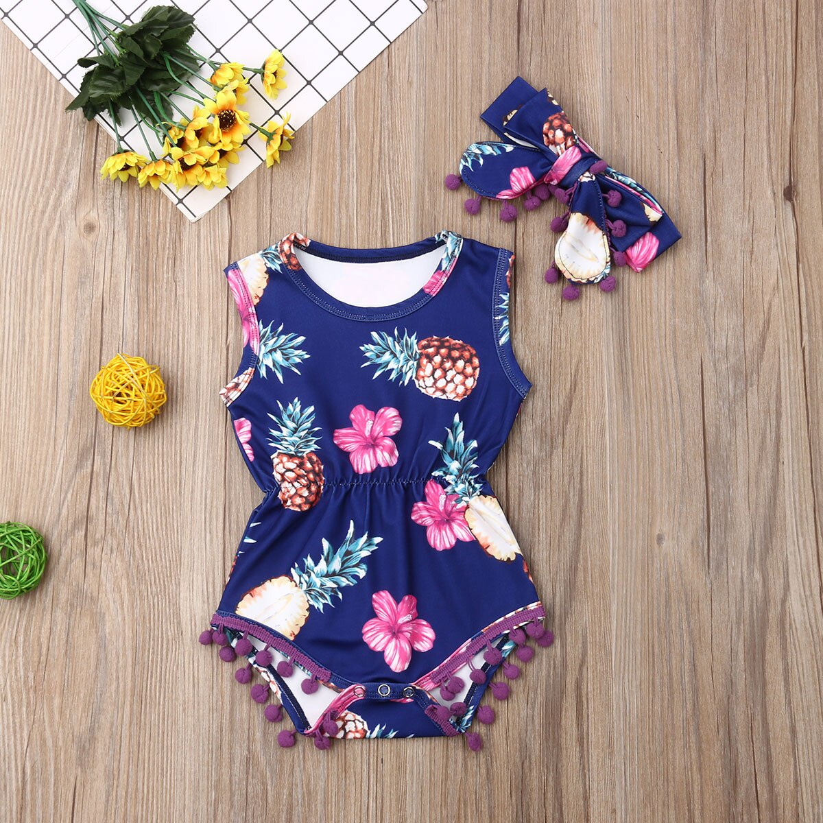 Baby Sommer Kleidung Kleinkind Neugeborenes Baby Junge Quaste Bodys Stirnband Ananas Outfit Ärmelloses Blumen 2pc Gesamt