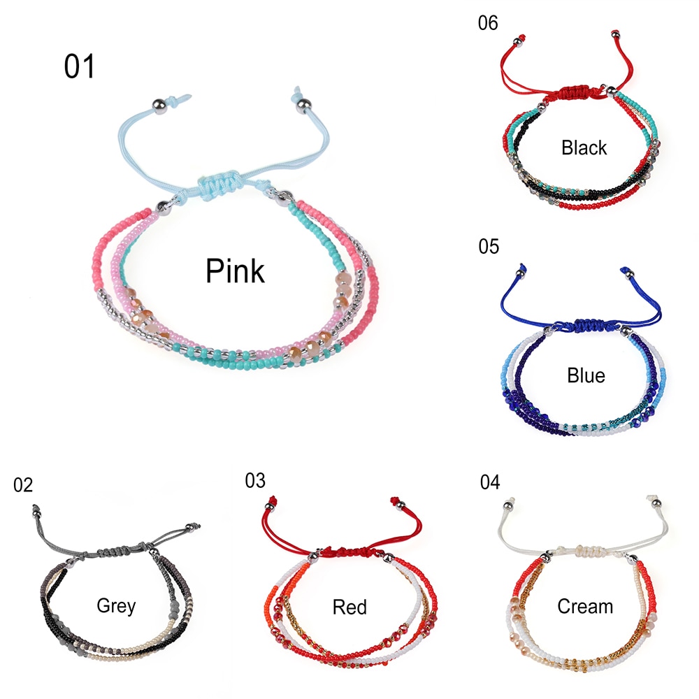 Multi-capa bohemio tejido a mano colorido tejido redondo con cuentas pulsera Retro arroz ajustable cuerda Ethnic Bracele