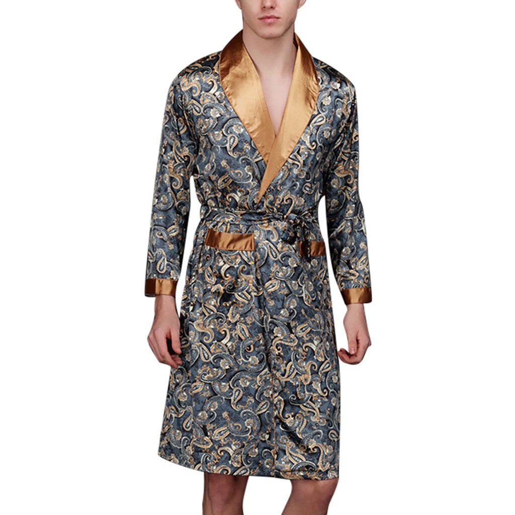 Mannen Badjas Mannen Simulatie Zijde Print Pyjama Lingerie Robe Heren Zomer Gewaden Mannelijke Senior Satijn Nachtkleding: Navy / Xl