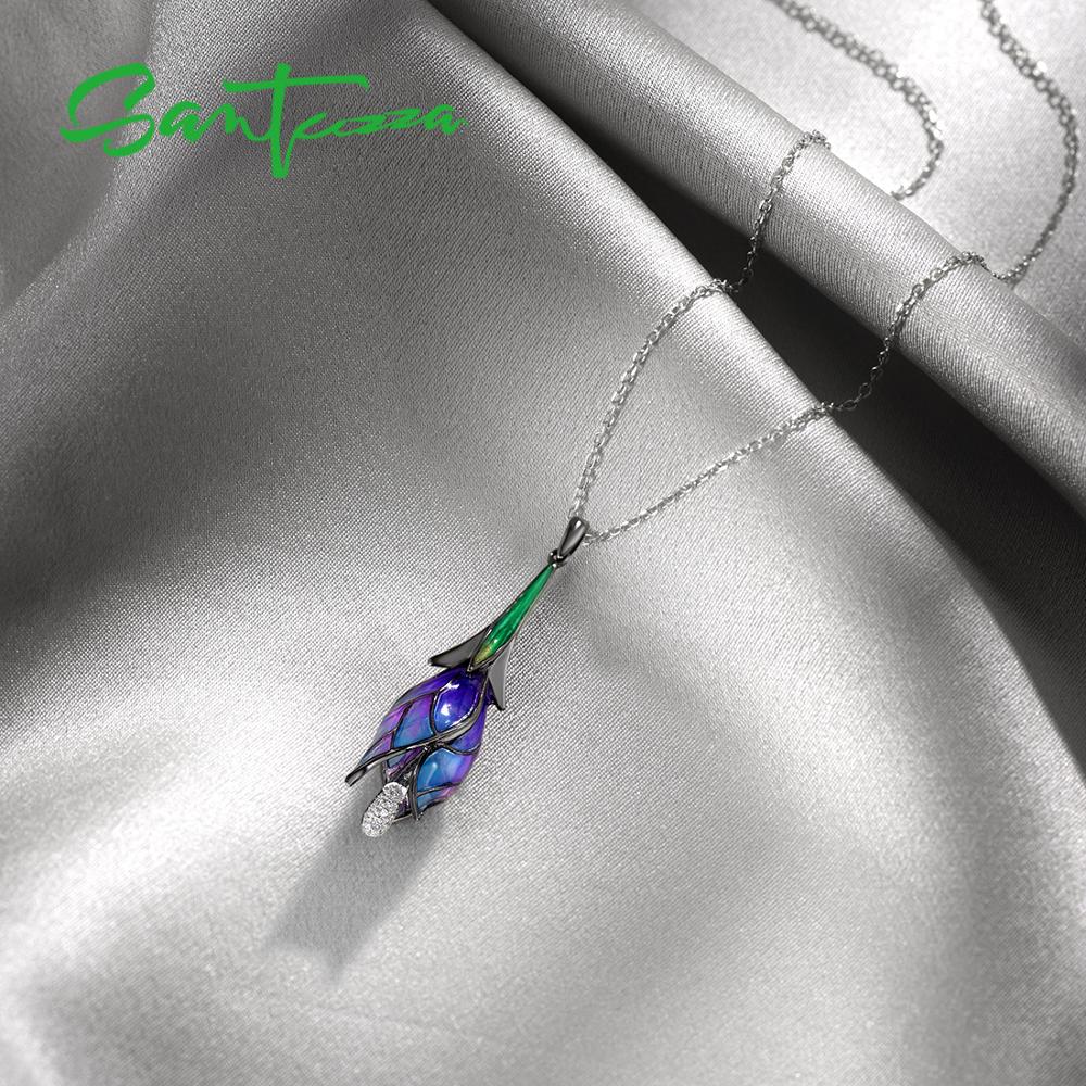 SANTUZZA Silber Anhänger für Frauen Reine 925 Sterling Silber Elegante Tropfen Lila Blume modisch schick Feine Schmuck HANDGEMACHTE Emaille