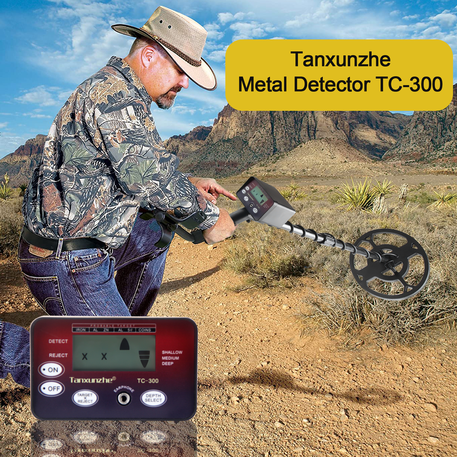 Detector de metales de alta sensibilidad, TC-300 de detección de metales, resistente al agua, bobina de búsqueda ferroso y no ferroso distance