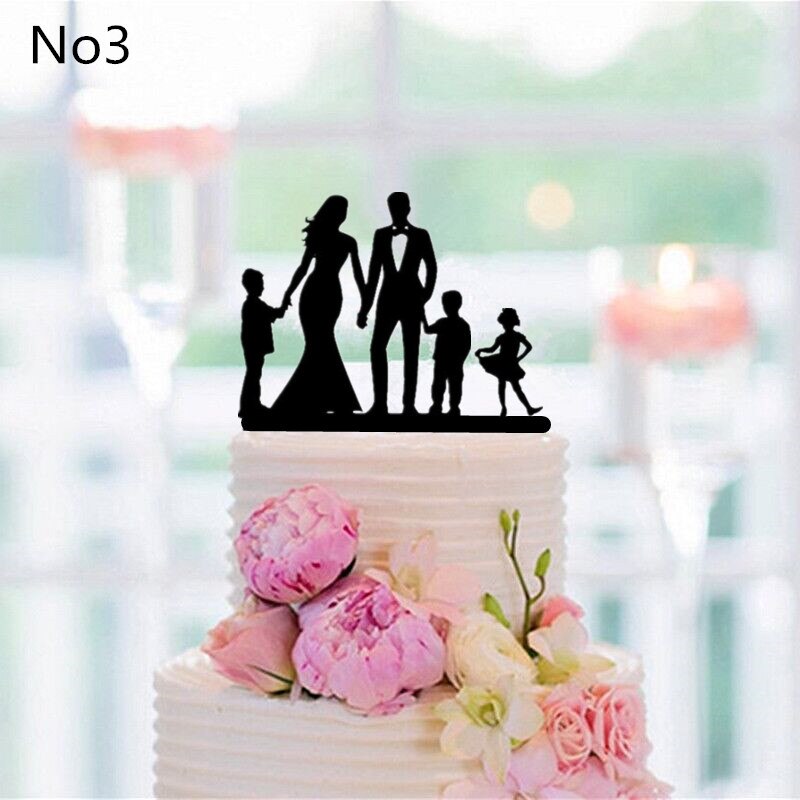 Mixed Style Black Acrylic Wedding Cake Topper For Decor Mariage Mr Mrs Bride Groom Family Cake Toppers Baby Shower Decoration