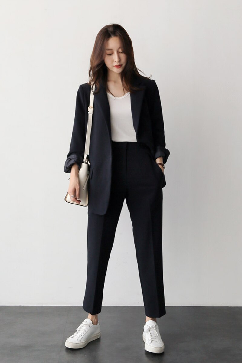 Broek past elegante vrouw lente en herfst mode effen kleur zwart kantoor dames bedrijf professionele OL tweedelig pak