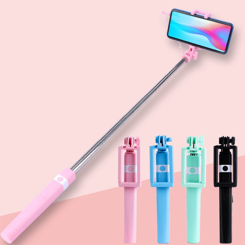 Mini palo de Selfie controlado por cable rosa/azul/negro adecuado para Android 3,5mm enchufe palo de Selfie contracción 18cm estiramiento 72cm